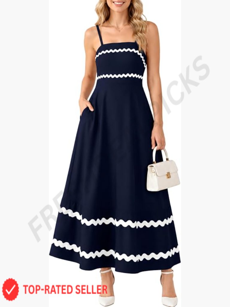 Flowy A Line Midi Dress With Smocked Back Square Neckline Adjustable Spaghetti